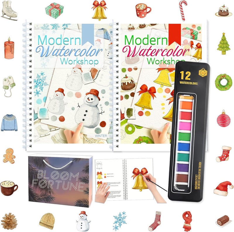 apolyone Watercolor Workbooks- 2 Pack Beginner Workbooks with 24 Coloring Book Pages - 12 Color blocks and a Brush - Watercolor Paper 300gsm/140lb - Gift for Women, Adults, Beginners (Winter & Christmas) - Image 1